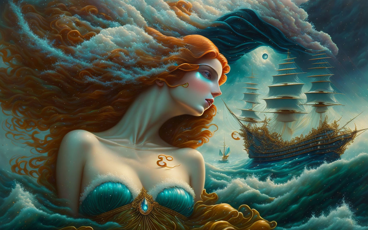 Mermaid fantasy art with flowing hair and ships in sea waves