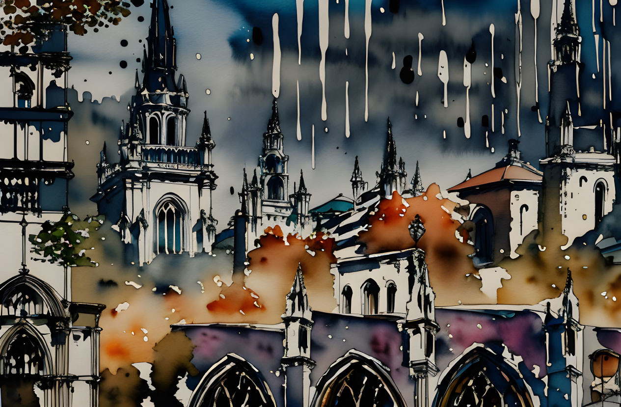 Stylized Gothic cityscape with dripping paint effects in brown, blue, and orange palette