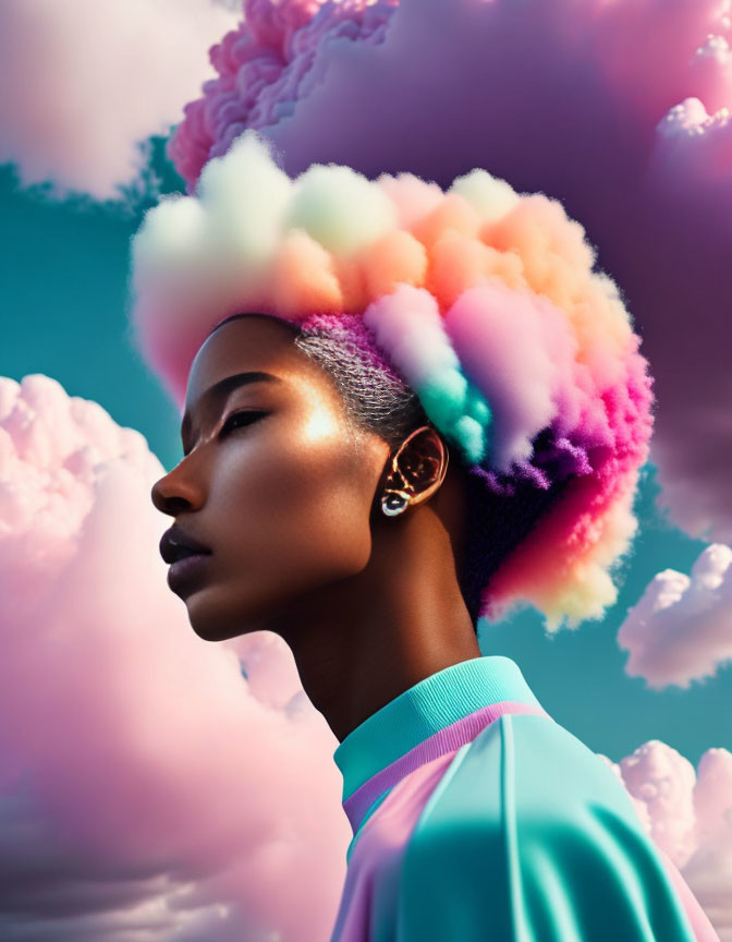 Woman with Colorful Cloud-Like Hair in Pastel Sky Portrait