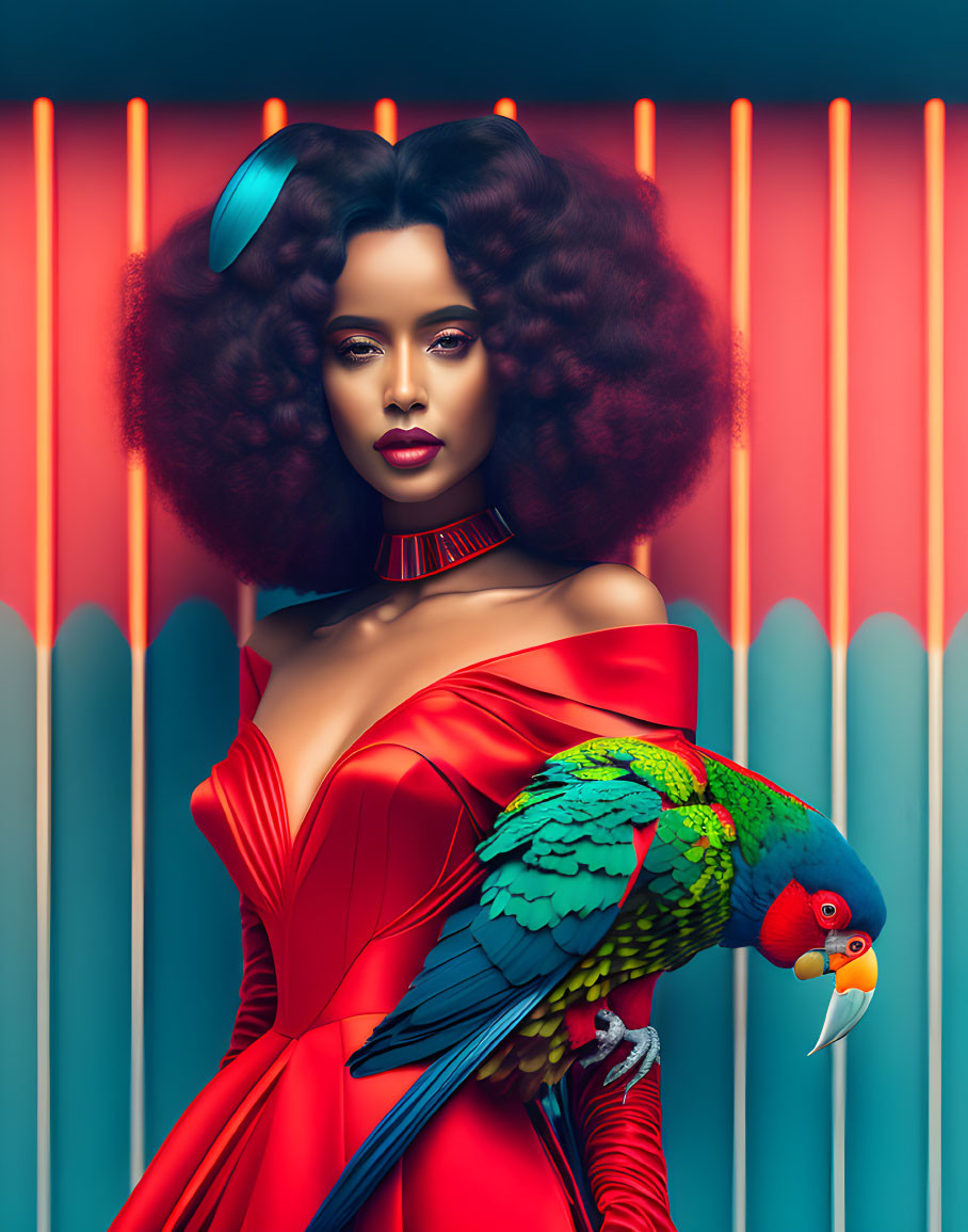 Vibrant woman with parrot in red dress on colorful background