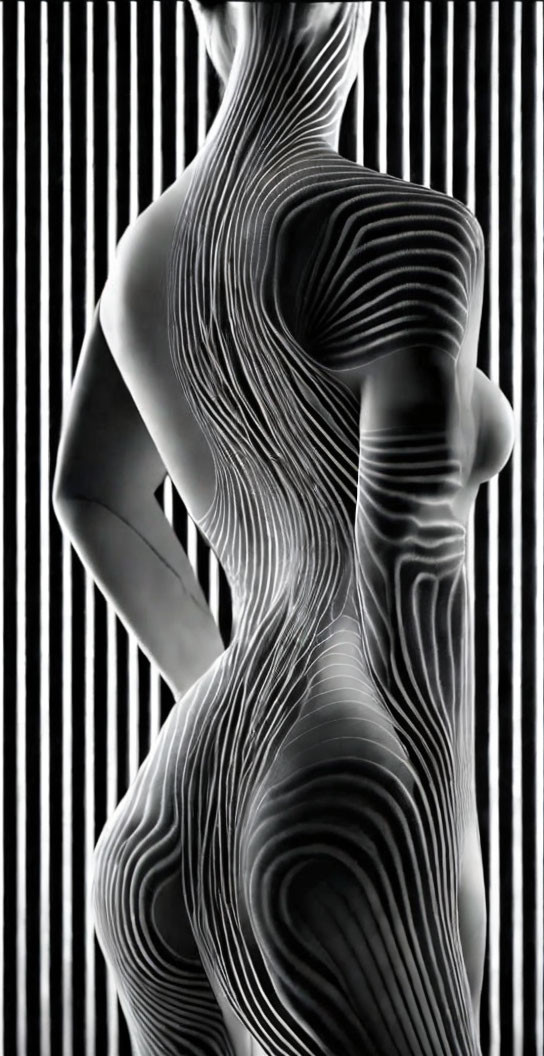 Monochromatic human form with contour lines on striped background