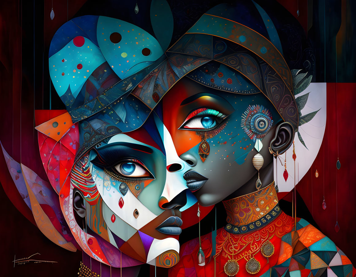 Colorful digital artwork featuring two stylized female faces with intricate patterns and jewelry on abstract background