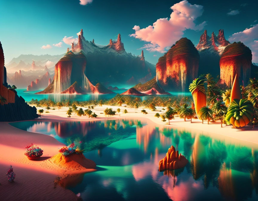 Vibrant fantasy landscape with rock formations, palm trees, and serene waters