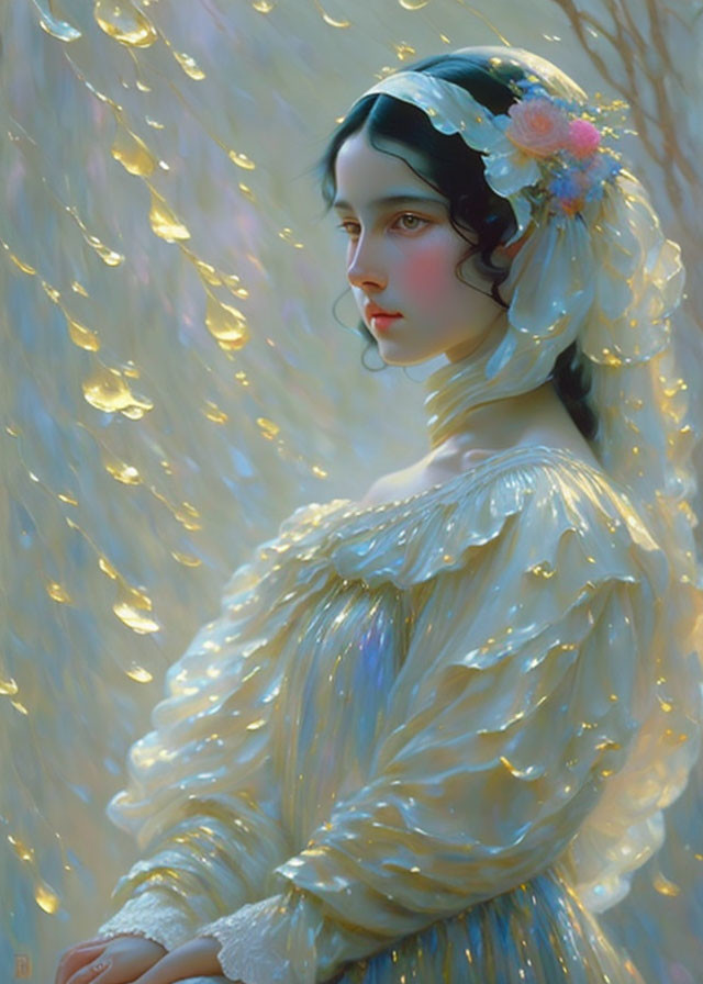 Portrait of young woman with dark hair and floral headpiece in shimmering gown on light backdrop