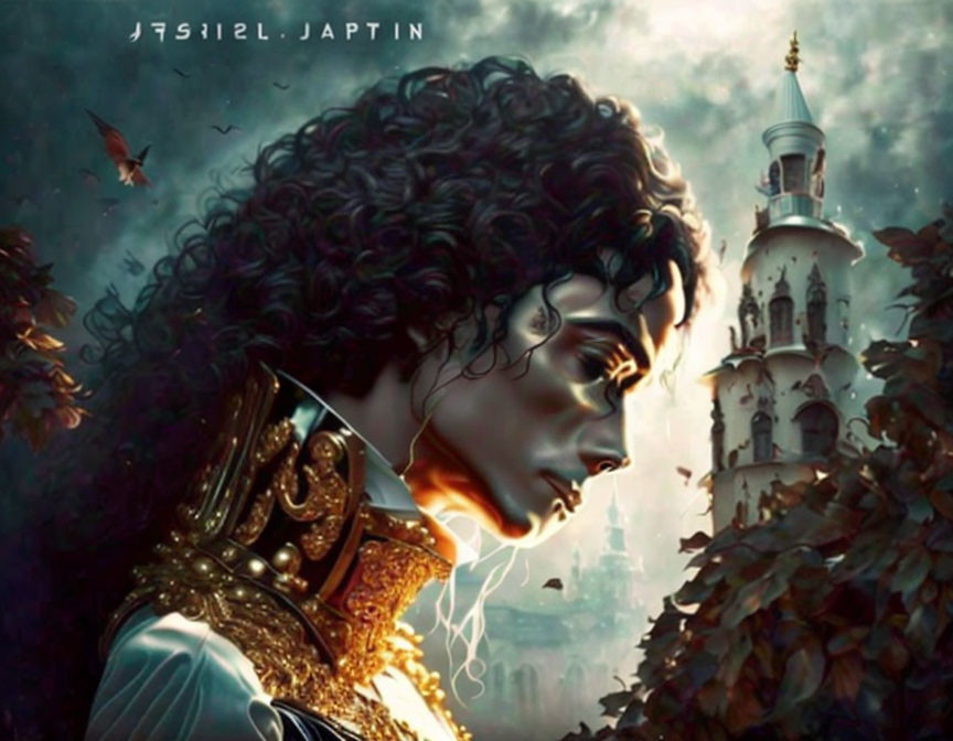 Side profile digital art: person with curly hair in ornate armor, fantasy castle, flying birds.