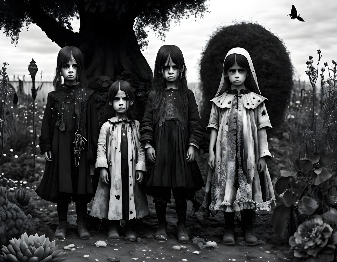 Vintage-dressed girls under tree in eerie garden with bird & dense foliage