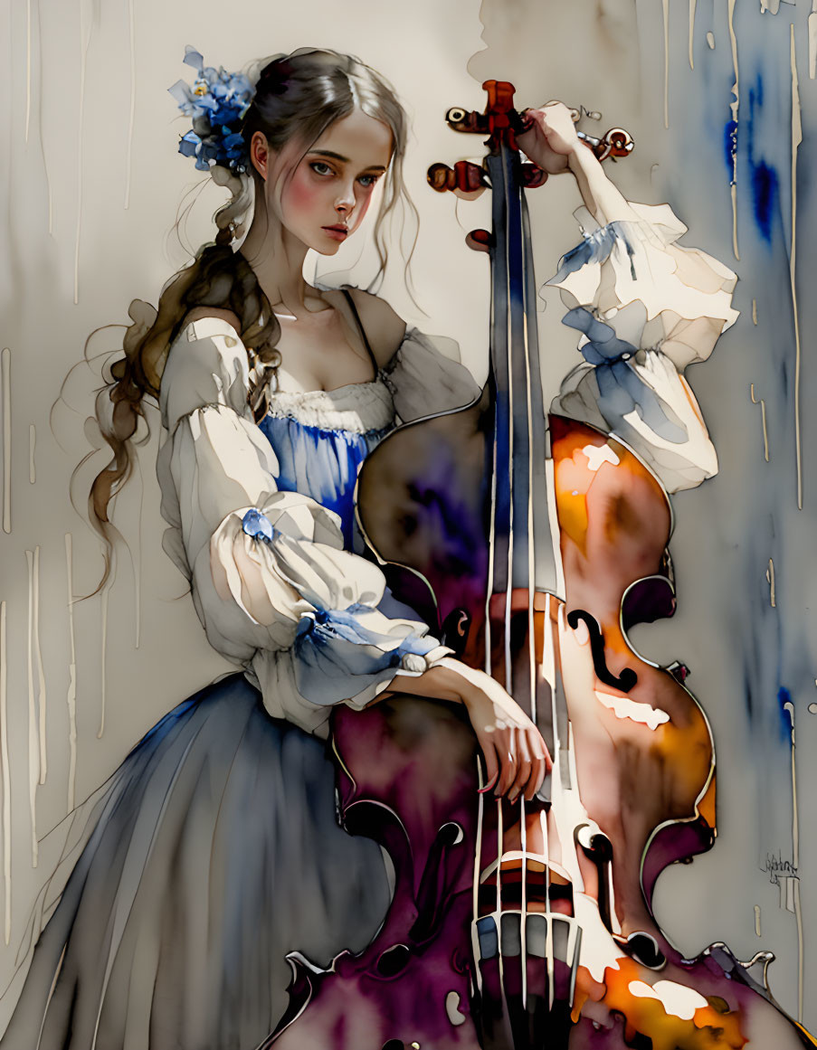 Illustrated woman in vintage blue dress holding melting cello with flowers - contemplative look