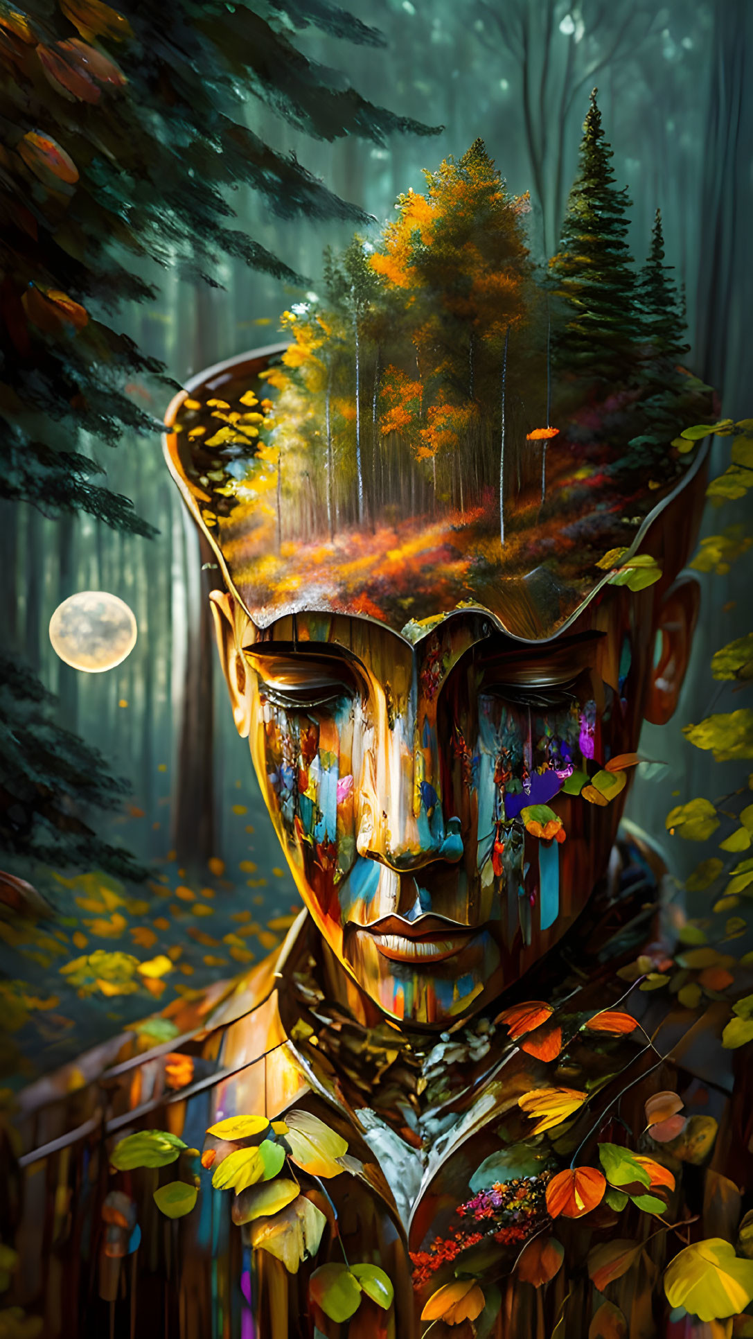 Surreal portrait with figure, forest, autumn trees, and moonlit woodland background