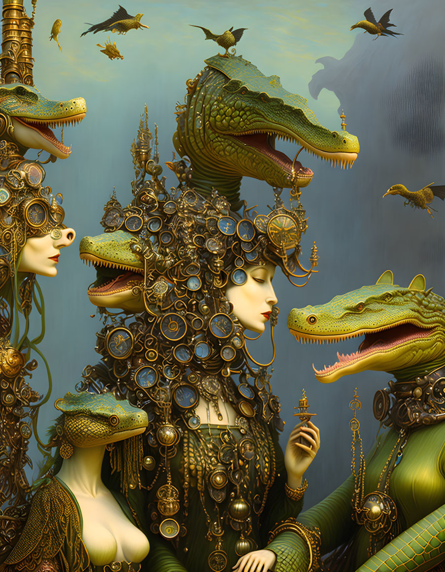 Surreal Artwork: Human Figures with Mechanical Ornaments and Alligators