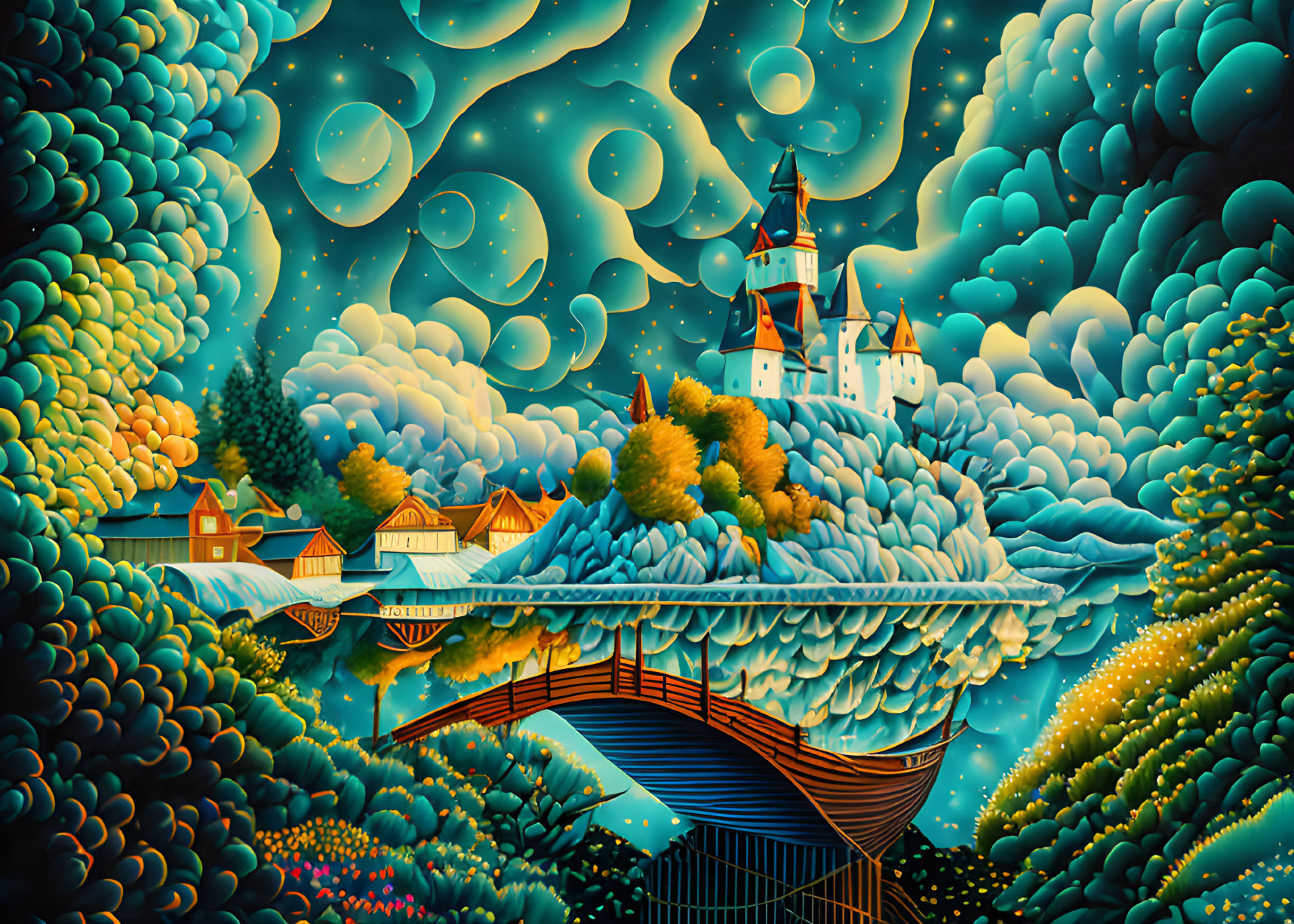 Colorful castle illustration with bridge and clouds on hilltop