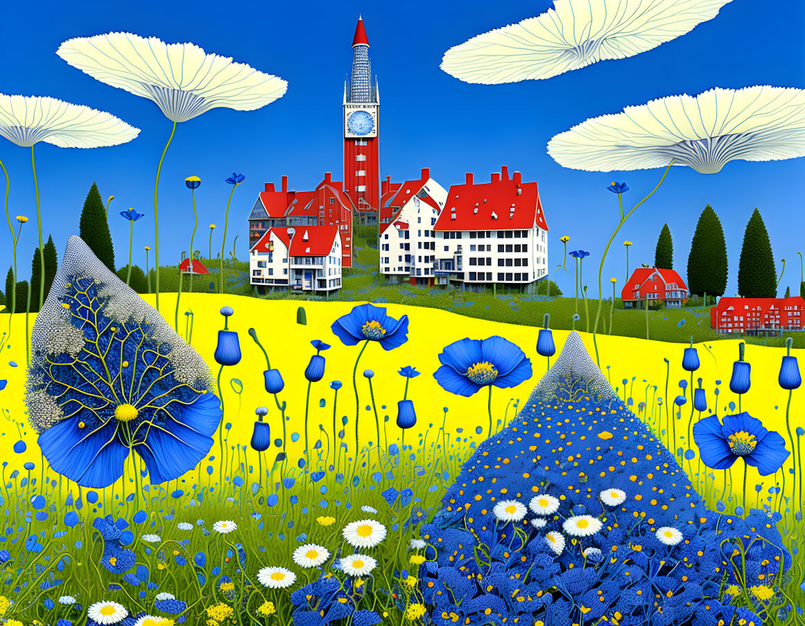 Surreal landscape with oversized flowers and red-roofed houses