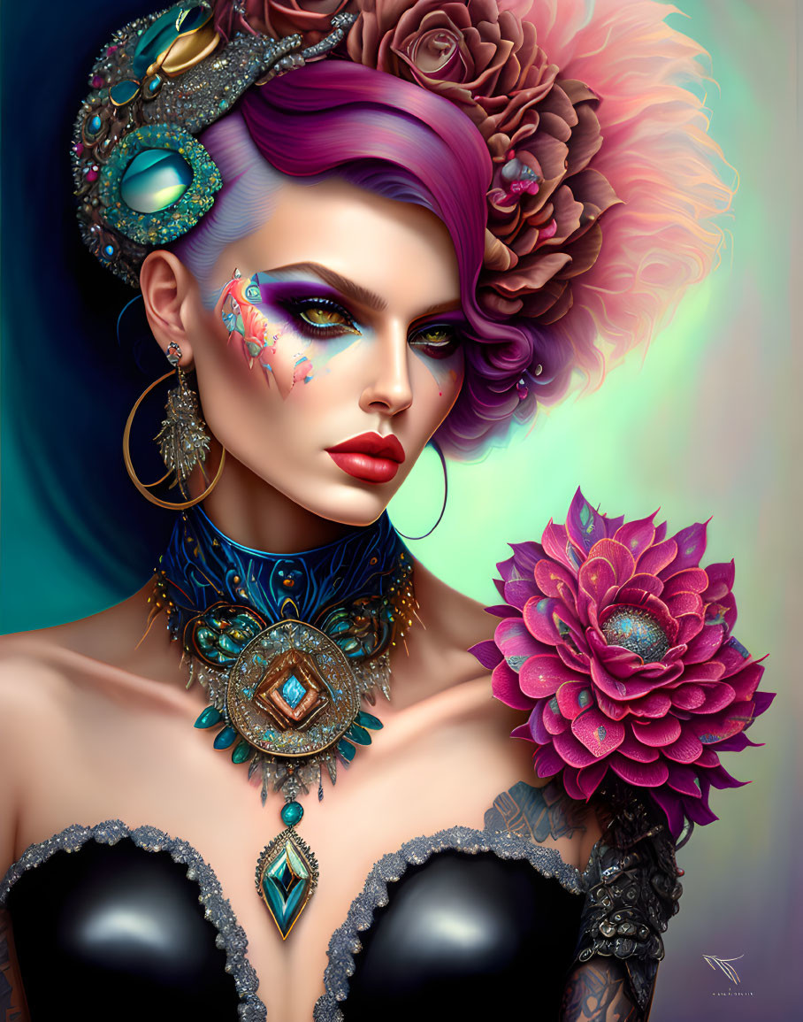 Colorful digital portrait of a woman with purple hair and intricate jewelry.