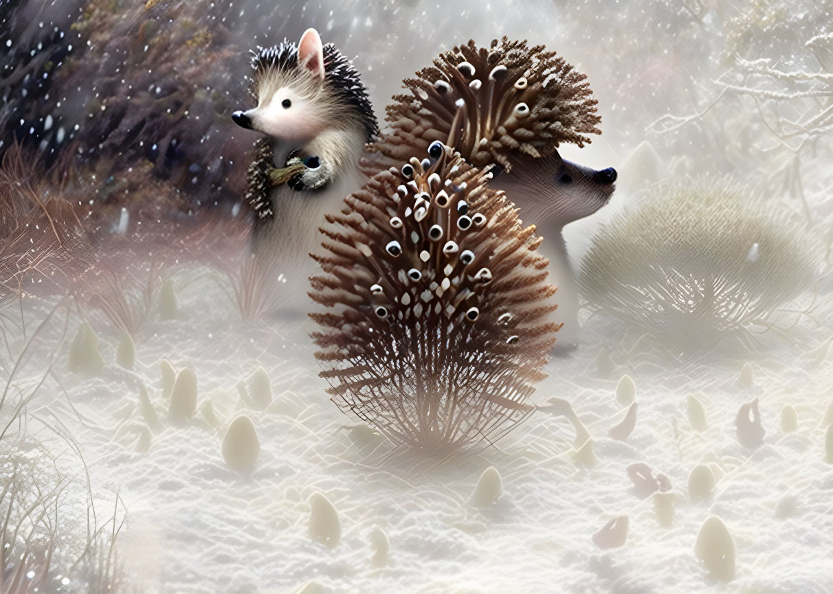 Fantasy hedgehogs with sea anemone-like quills in snowy scene