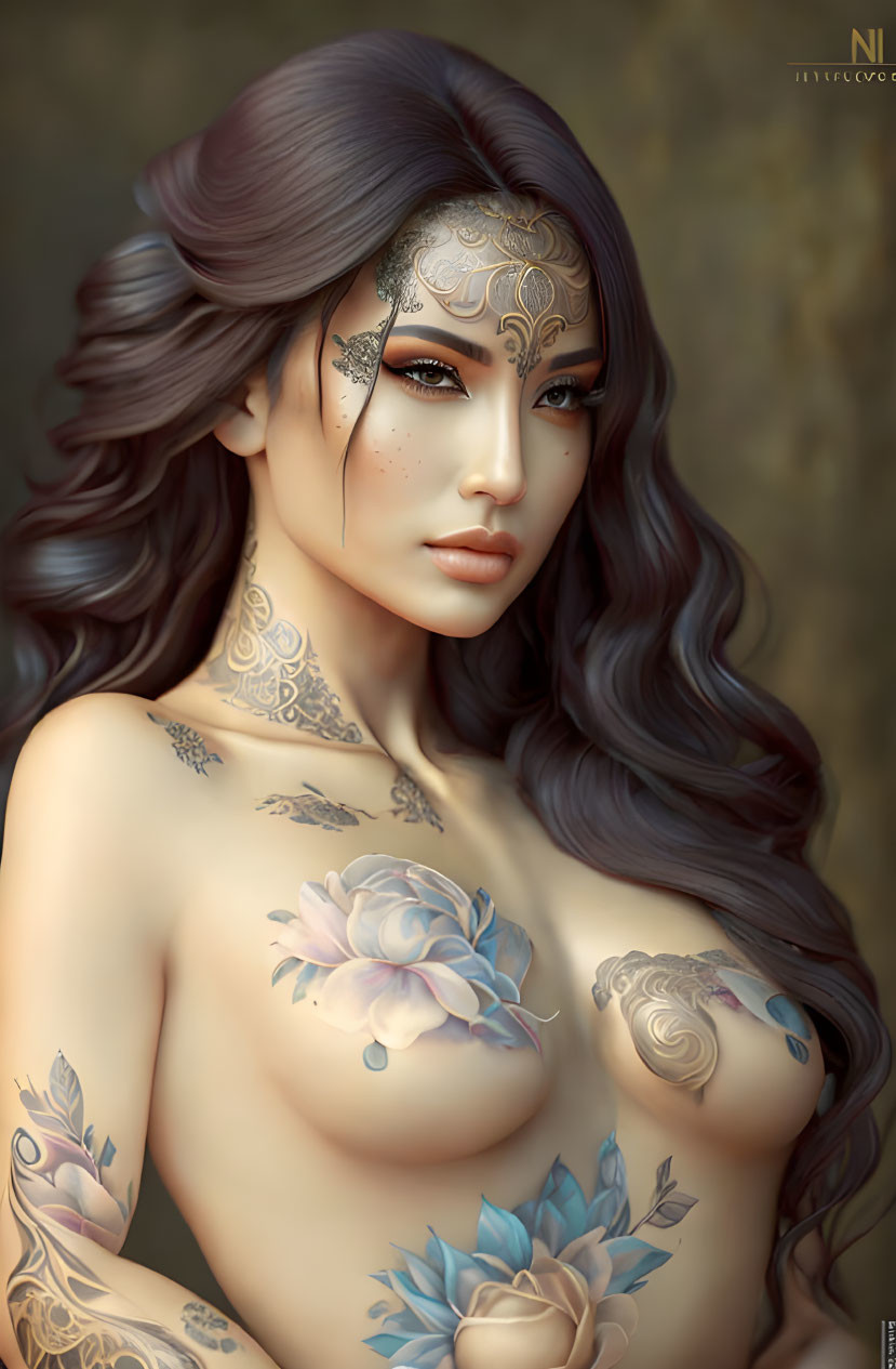 Detailed illustration of woman with ornate floral tattoos & metallic designs