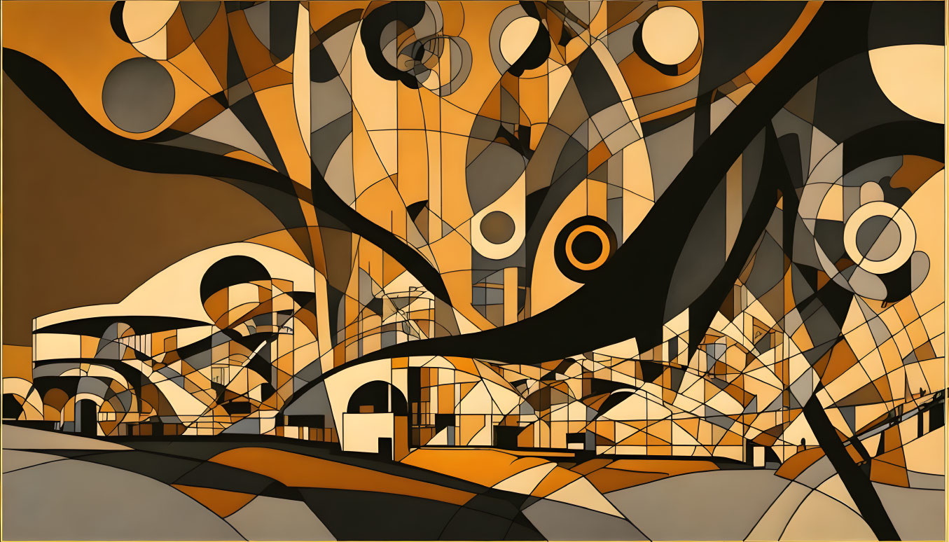 Geometric abstract art: swirls, circles, angular shapes in brown, beige, black, white