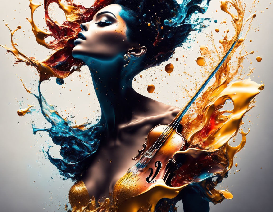 Colorful woman silhouette with violin in melting golden hues