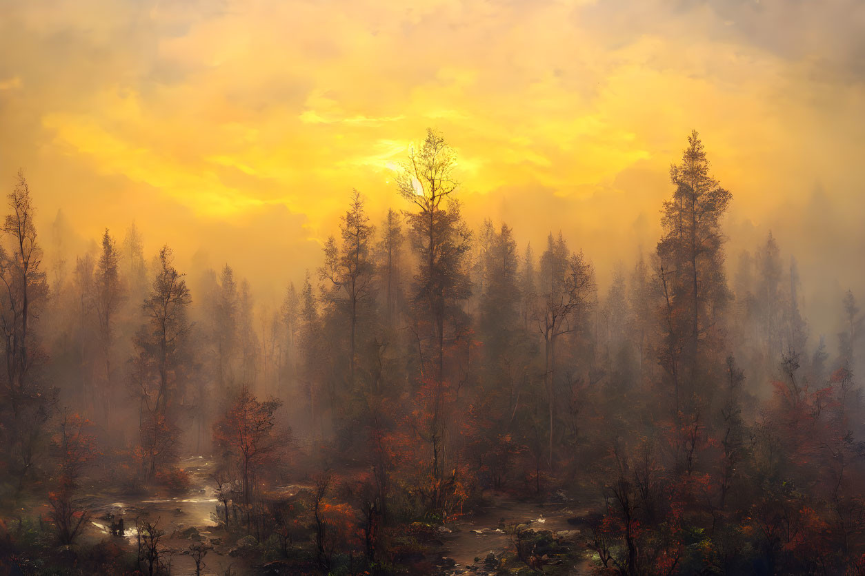 Misty Autumn Forest with Tall Trees and Vibrant Sky