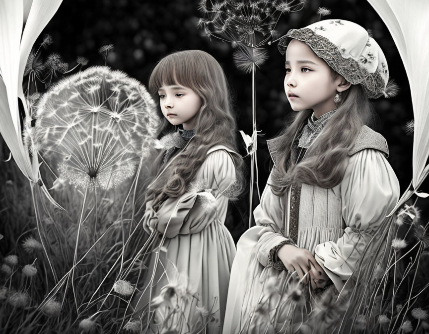 Vintage-dressed girls near giant dandelions in surreal black and white scene