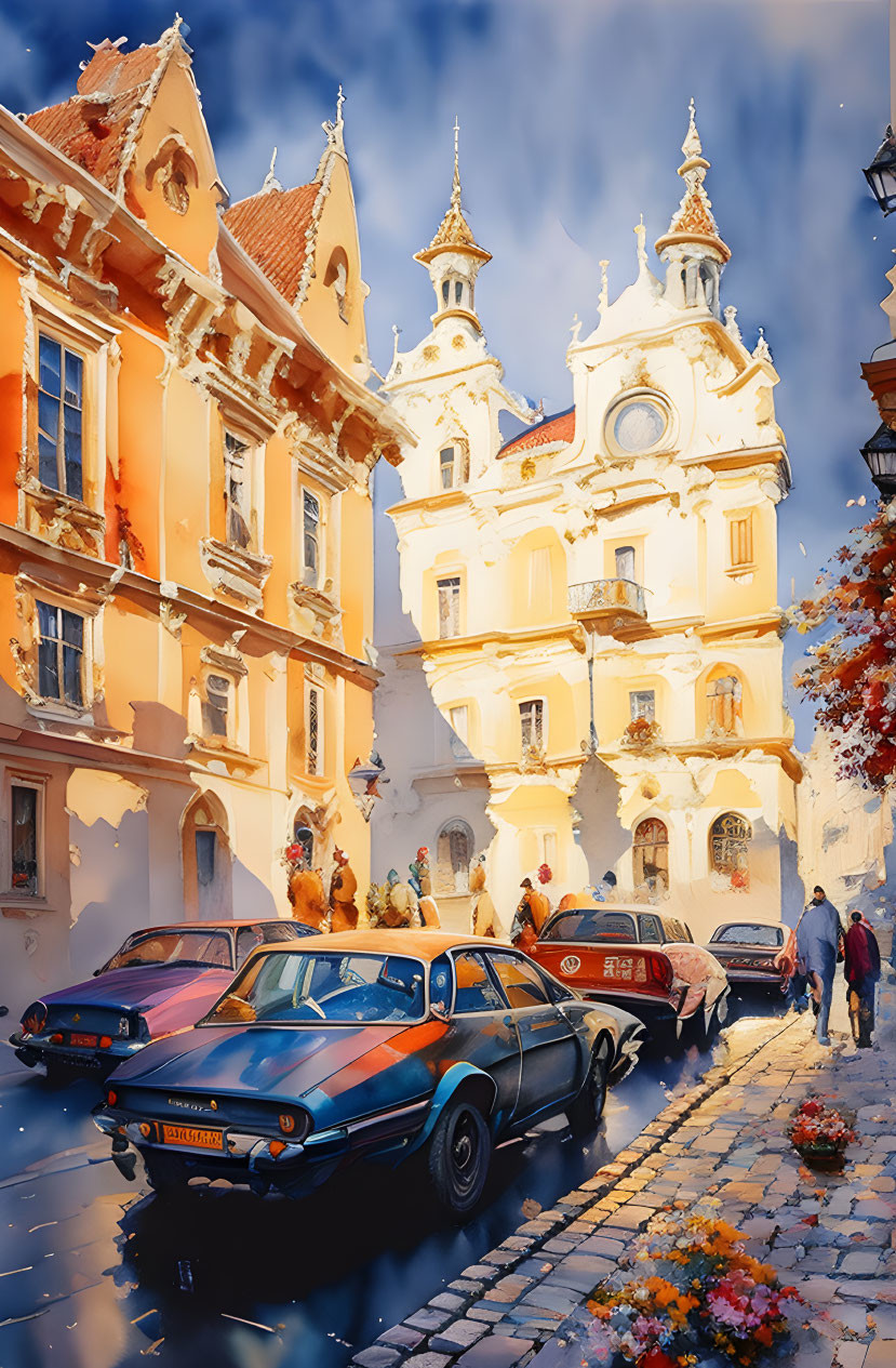 Classic Cars and Pedestrians on Sunlit Cobblestone Street