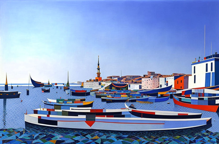 Vibrant boats and geometric patterns on mosaic sea with traditional buildings and clear sky