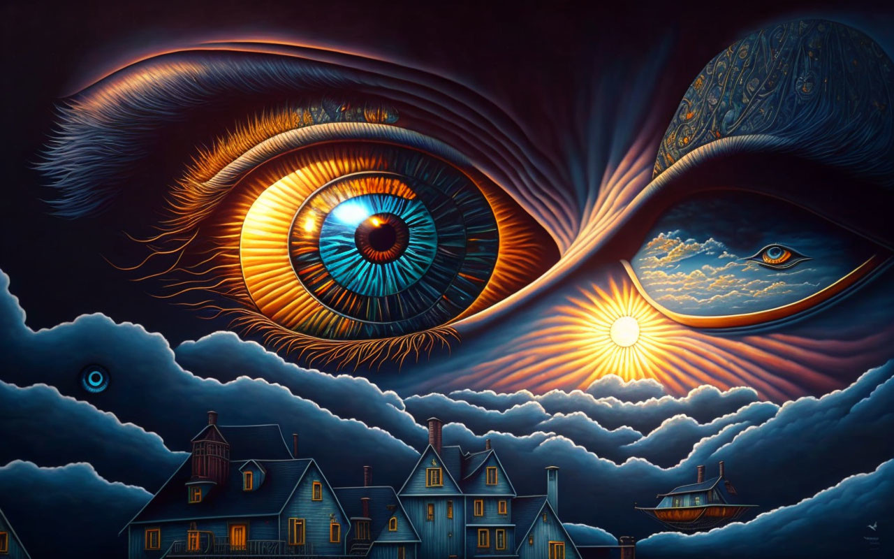 Surreal artwork: Giant eye in clouds above village, sun between eyelid-like hills, smaller