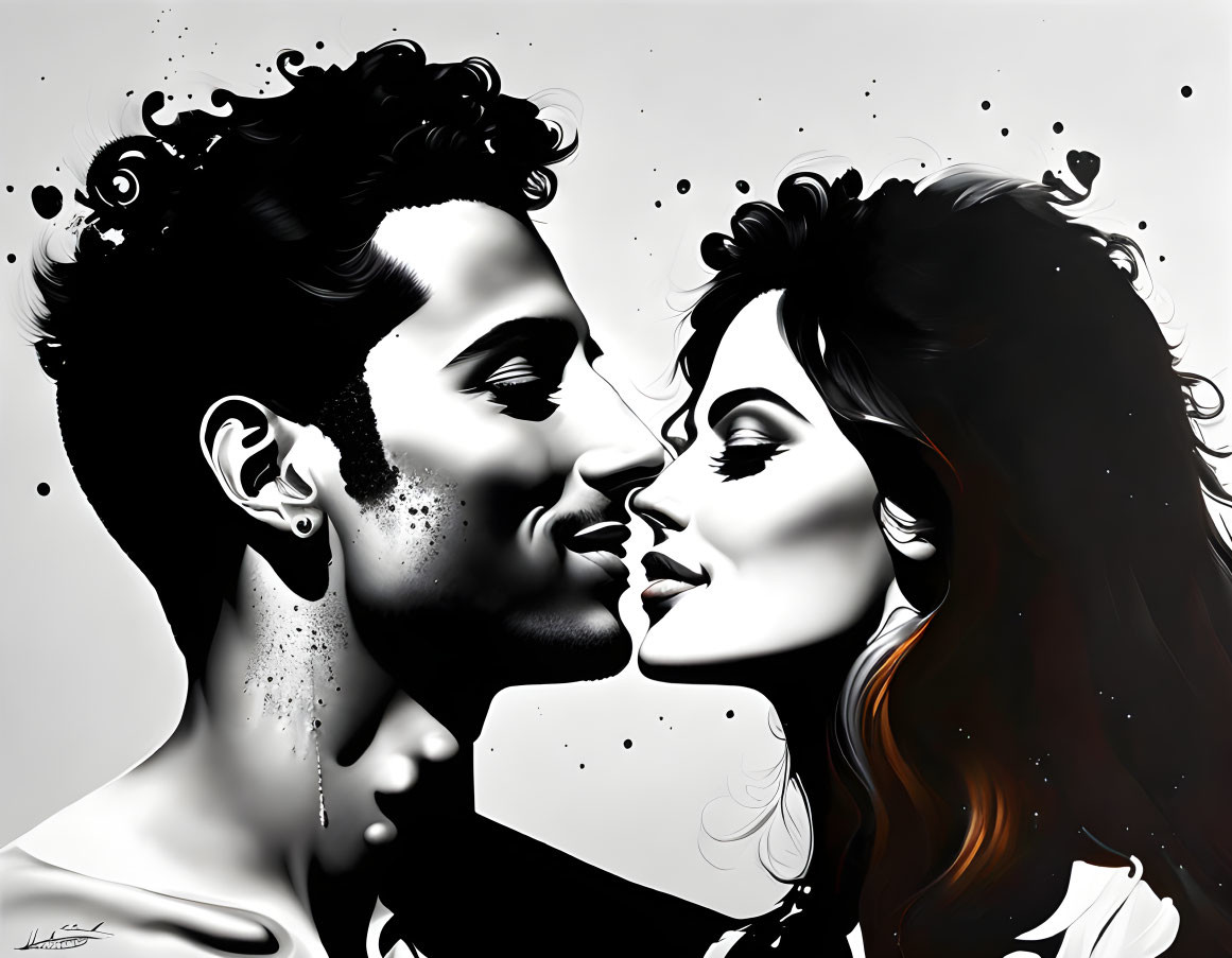 Monochrome illustration of man and woman in a kiss with abstract elements