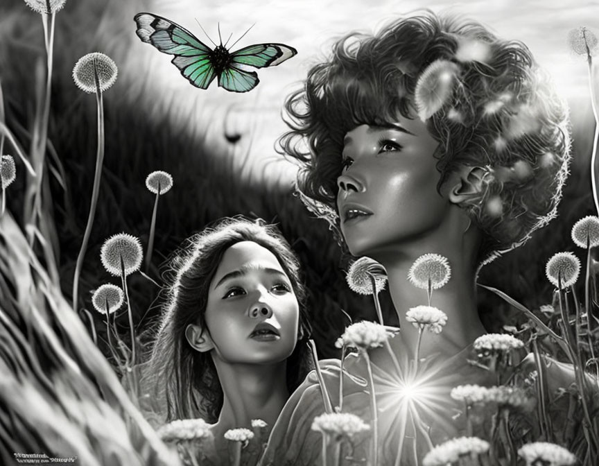 Monochrome artwork of woman and child in dandelion field with colored butterfly