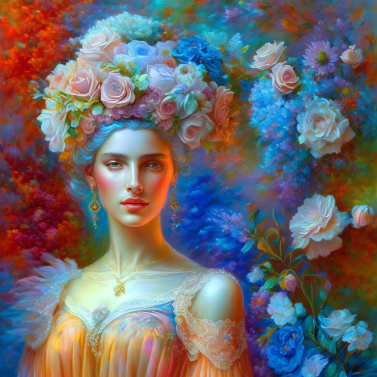 Vibrant painting of woman with floral headdress and colorful blossoms