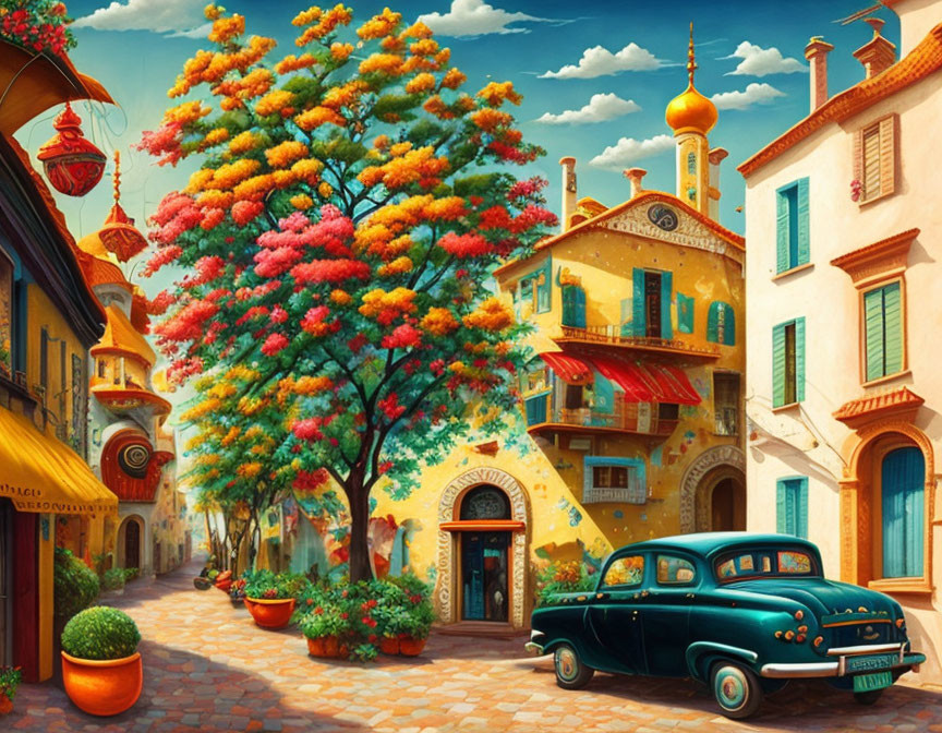 Colorful vintage car on cobblestone street with flourishing tree and quaint buildings under clear sky