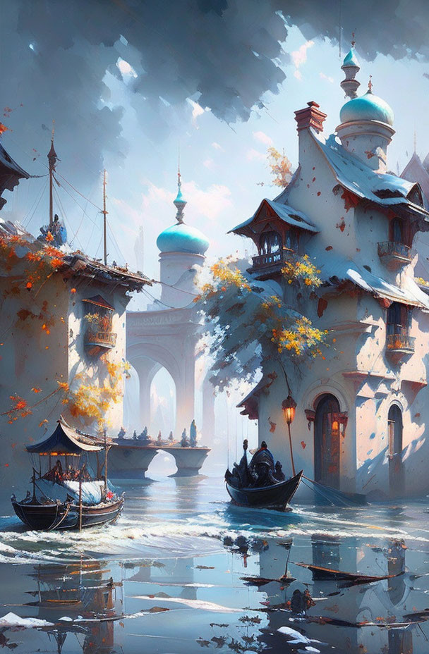 Fantasy canal scene with boats, ornate building, autumn foliage, and cloudy sky