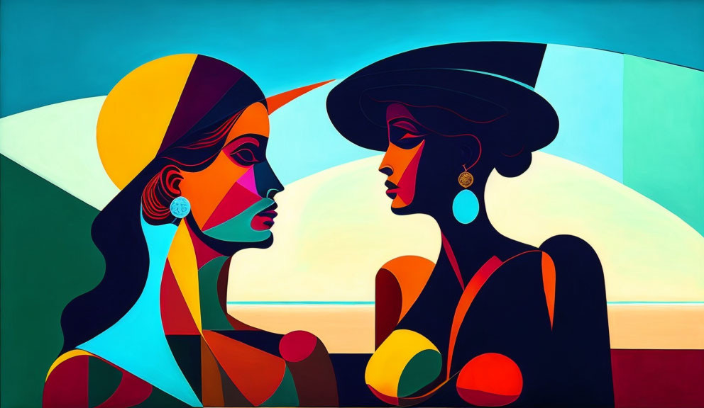 Stylized, Colorful Female Figures Against Abstract Geometric Background