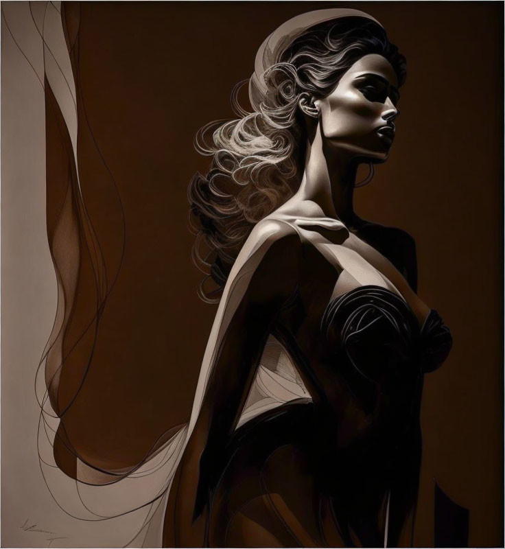 Stylized woman with flowing hair against dark background