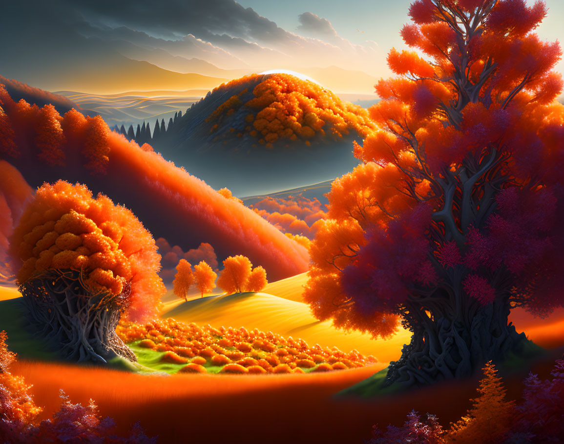 Fiery orange trees in serene autumnal landscape