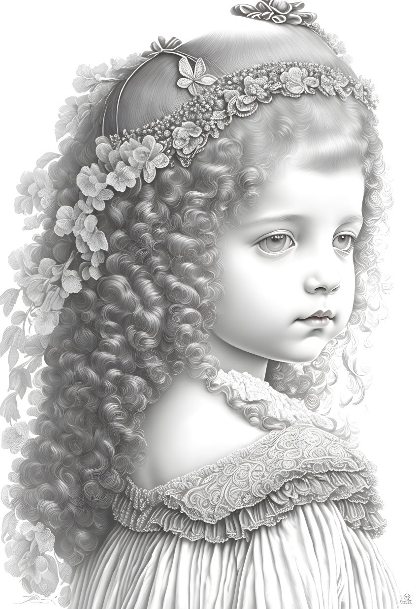 Monochromatic illustration of young girl with curly hair and floral accessories