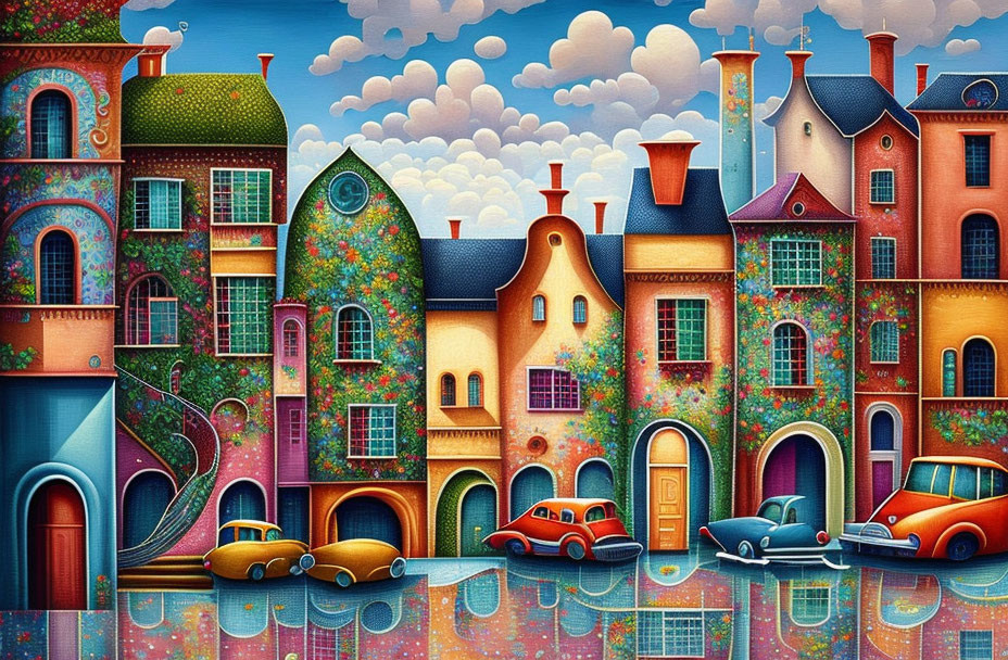 Colorful illustration of whimsical houses, floral patterns, chimneys, vintage cars, serene water,