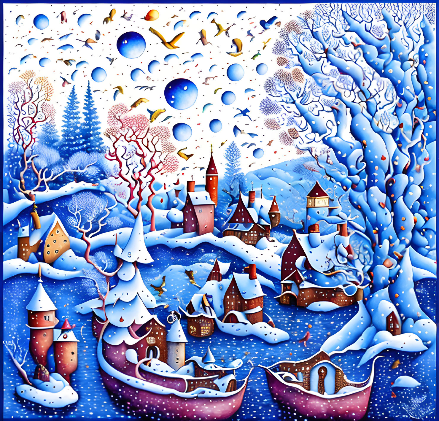 Blue and White Winter Village with Castles and Flying Fish