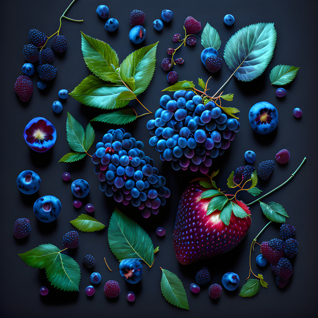 Assorted Fresh Berries and Leaves on Dark Background