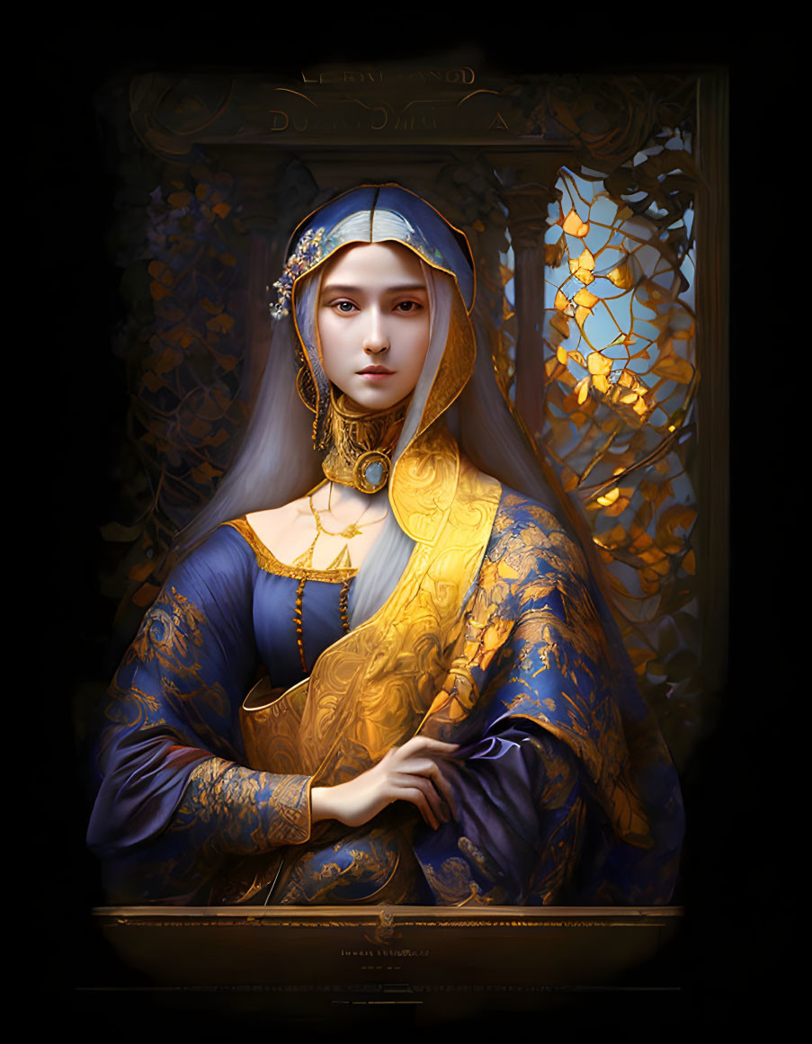 Digital painting of pale woman in blue and gold medieval attire on ornate backdrop