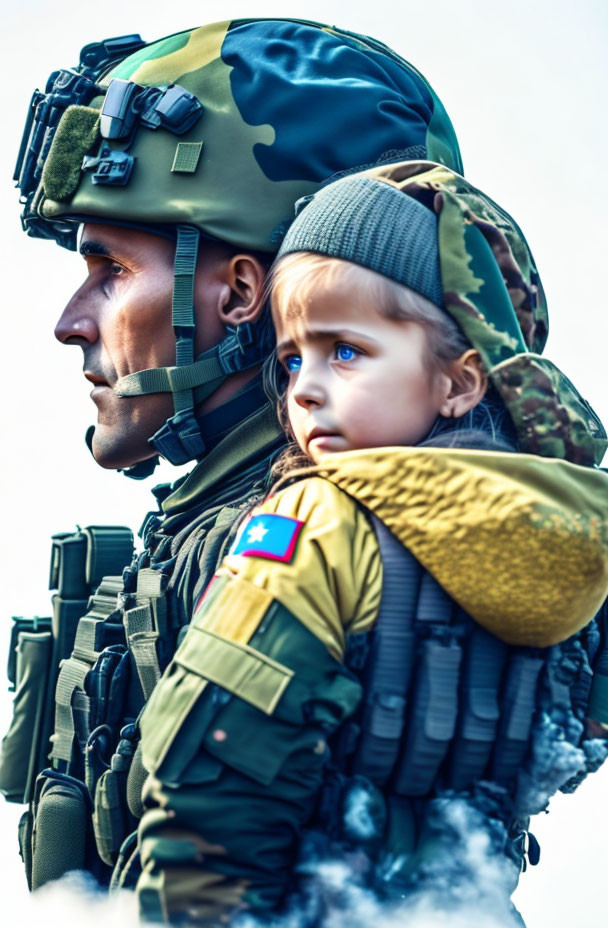 Soldier in full gear holding a serious child gazing ahead