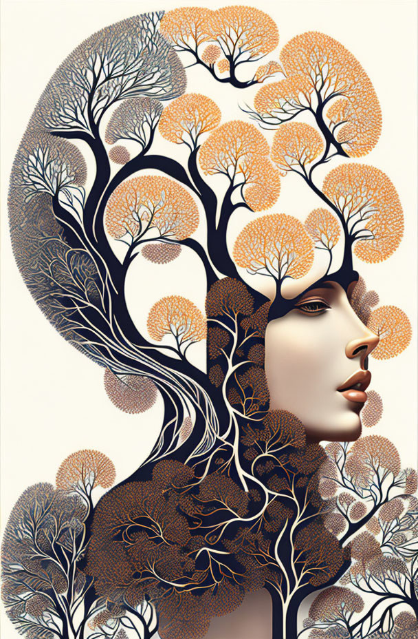 Woman's profile merging into tree with orange and brown foliage