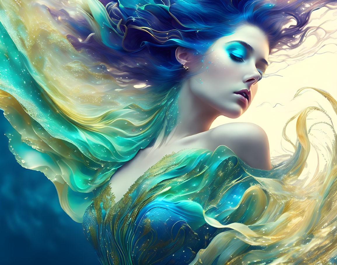 Fantasy portrait of woman with blue and gold hair in mermaid attire