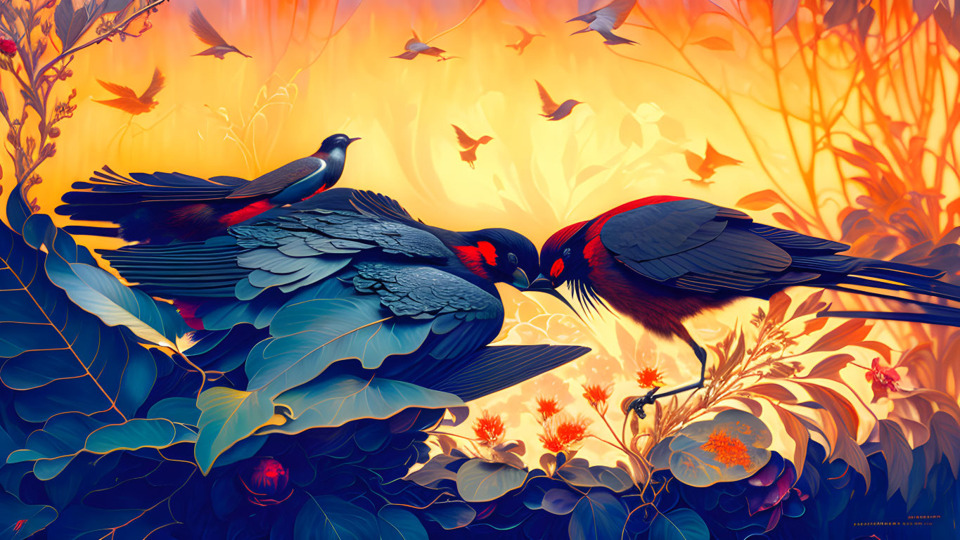 Stylized birds in vibrant foliage with warm golden glow