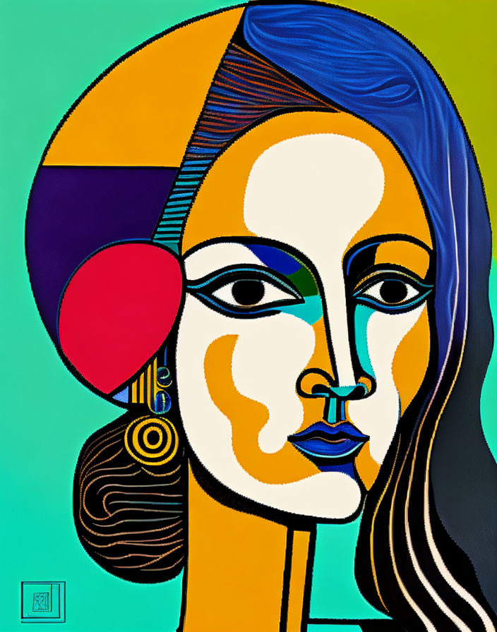 Vibrant abstract portrait with geometric shapes and bold contrasts