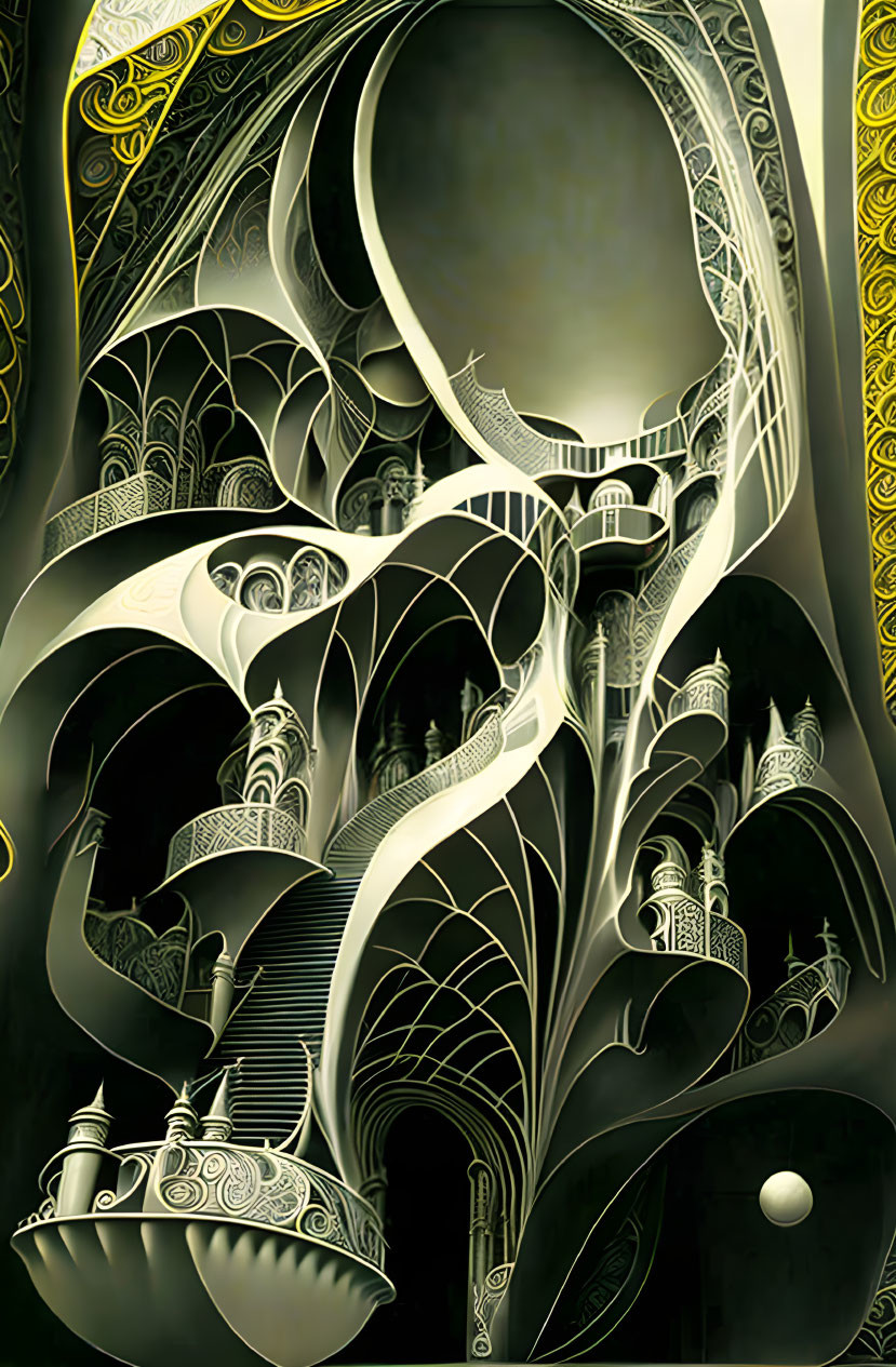 Detailed black and gold surreal illustration with swirling patterns and fantastical architecture