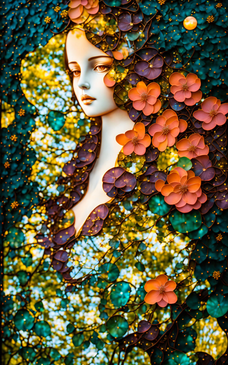 Colorful Floral Mosaic Portrait of a Woman's Face