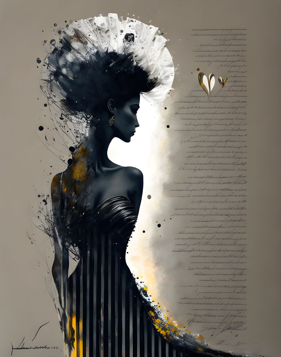 Abstract black and white headdress with yellow splashes on a woman, paired with stylized eyes and