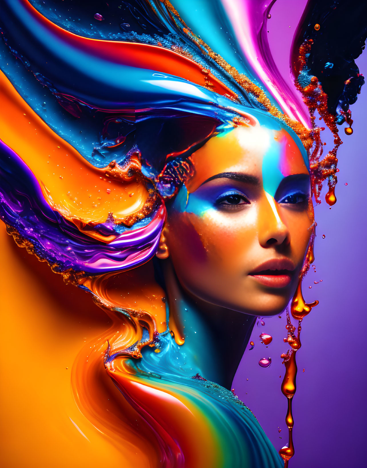 Colorful liquid swirls around person in vibrant portrait