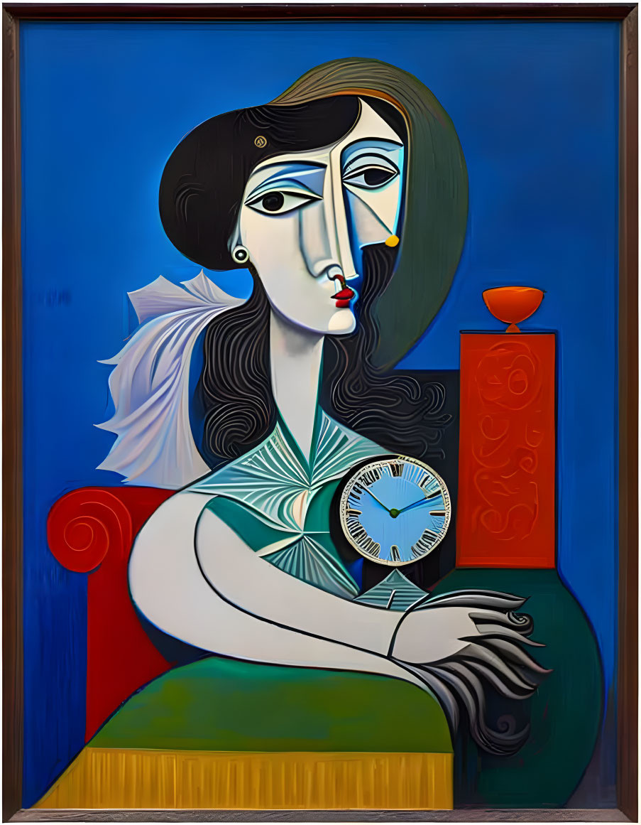 Colorful Cubist-Style Painting: Seated Woman, Abstract Features, Blue Background