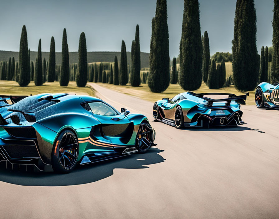 Three futuristic sports cars on asphalt road surrounded by green grass and tall trees under clear sky.