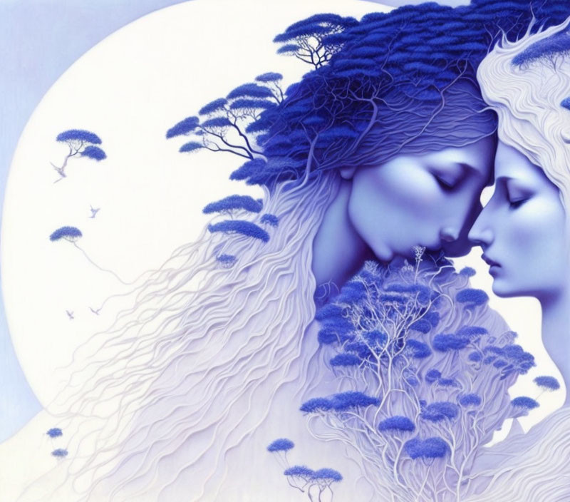 Ethereal profile faces with intertwined tree-like hair in blue and white hues